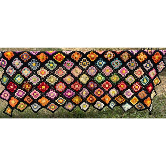 Vintage Handmade Grannycore Square Afghan Throw Roseanne Boho Crochet 70"x38" - Picture 1 of 9